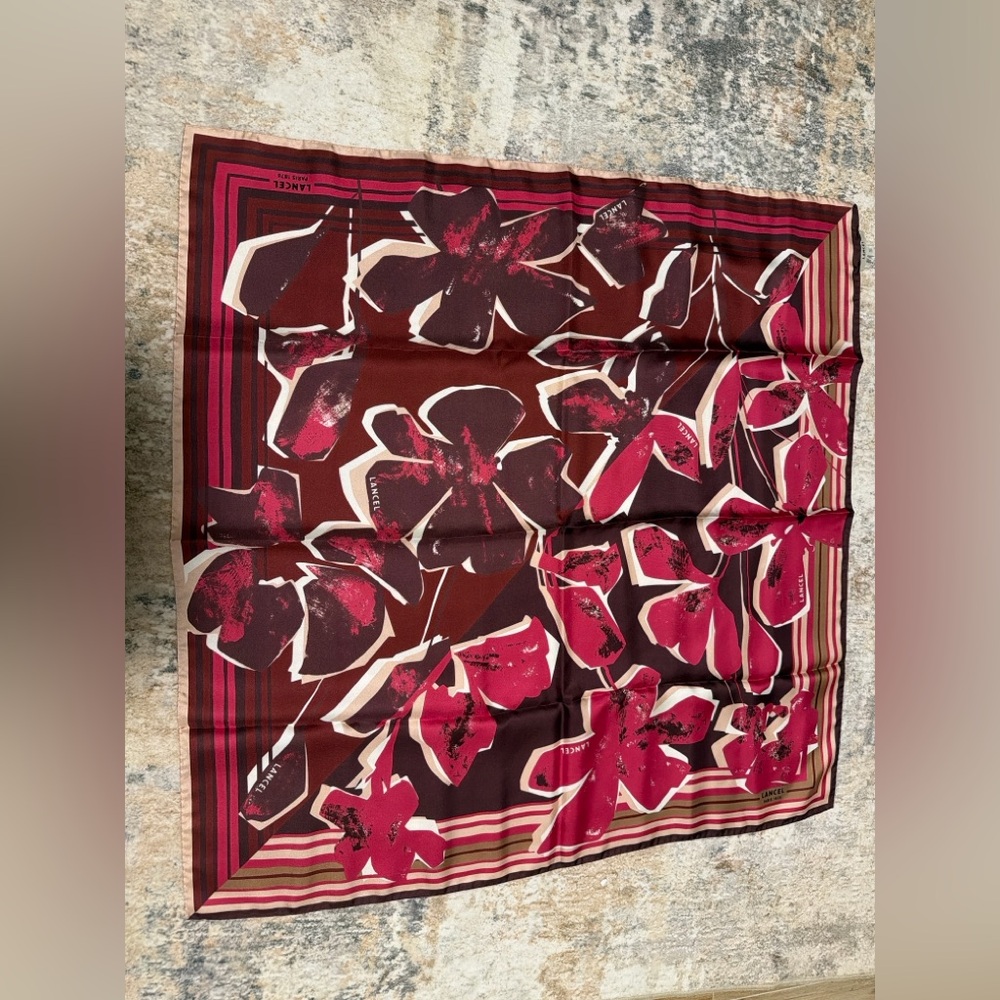 Lancel Paris 100% Silk Scarf Floral Red Brown Square Luxury Designer New + Box